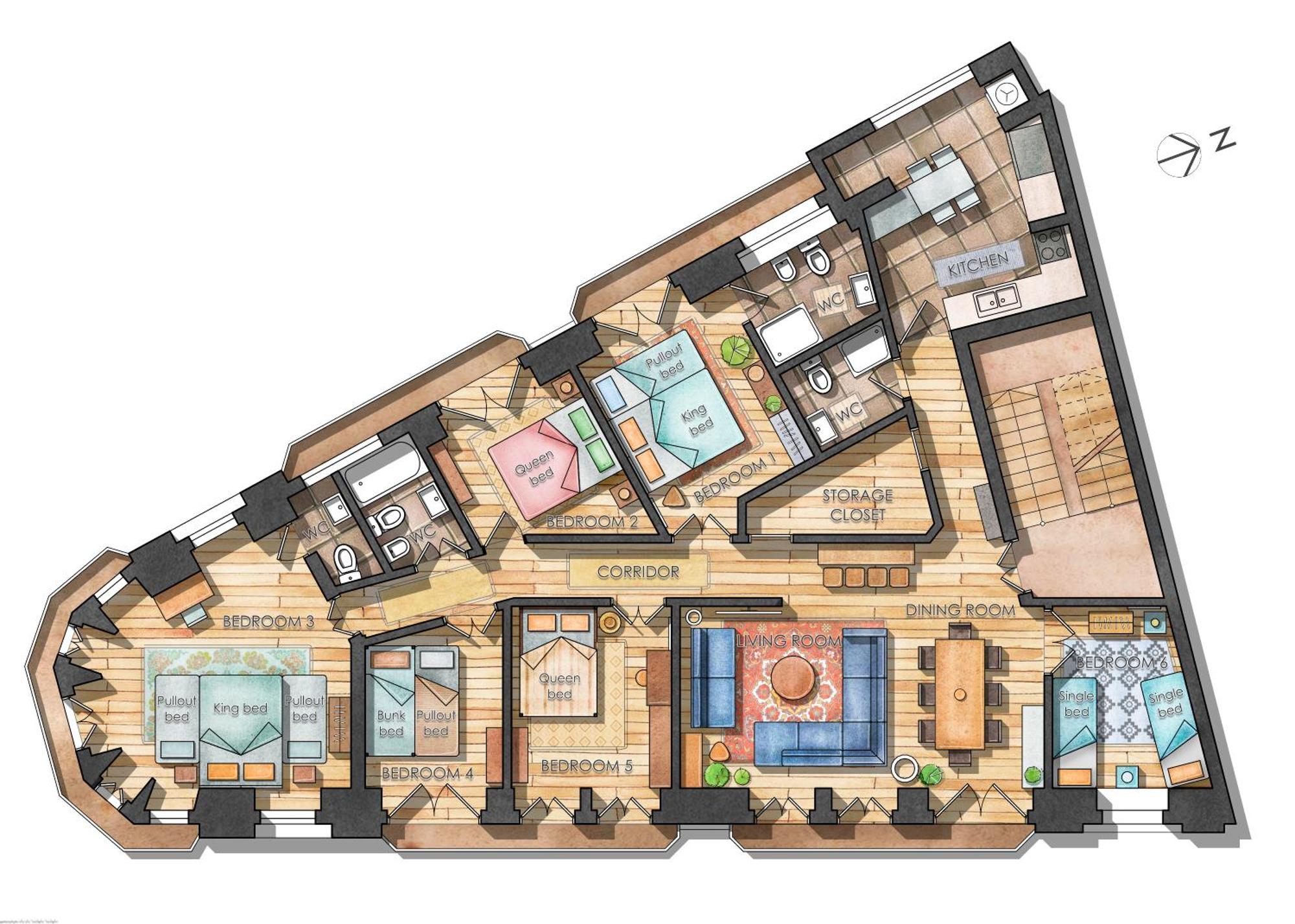 Bright Center, 10m From Subway, 6 Rooms, Up To 20 Ppl